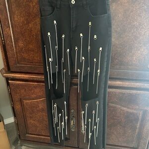 Black Women Demim Love Jeans embellished with silver chains